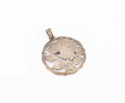 925 Sterling Silver Vintage Pendant Etched Openwork Floral Rose Medal  PT26464