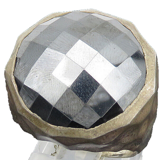 925 Sterling Silver  Vintage Round Hematite Hammered Dome Ring Sz 9  RG24519