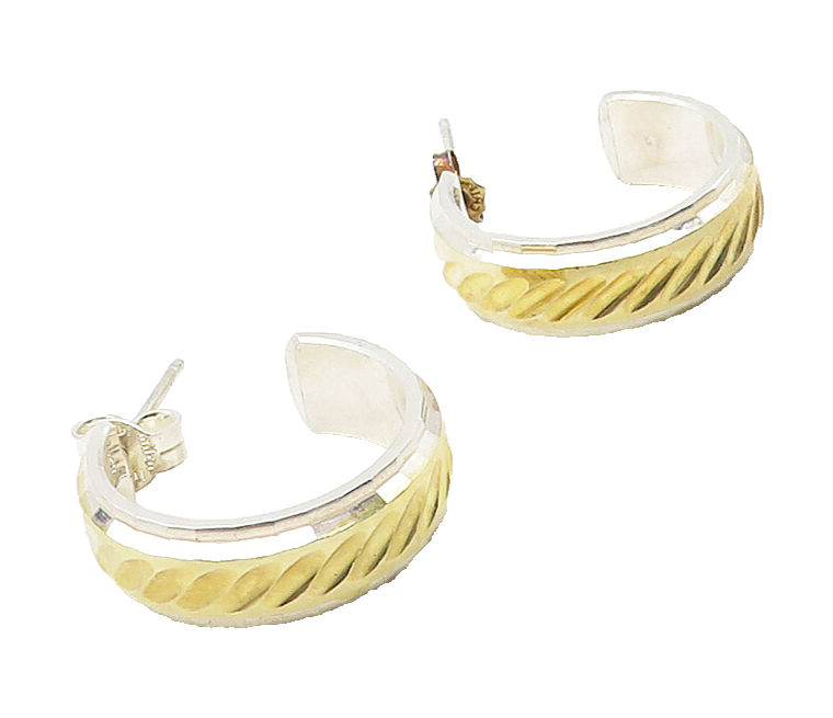 925 Sterling Silver  Shiny Two Tone Slanted Pattern JHoop Earrings  EG7954