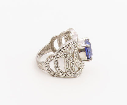 925 Sterling Silver Vintage Ring Tanzanite & CZ Double Loop Band Sz 9.5 RG36890