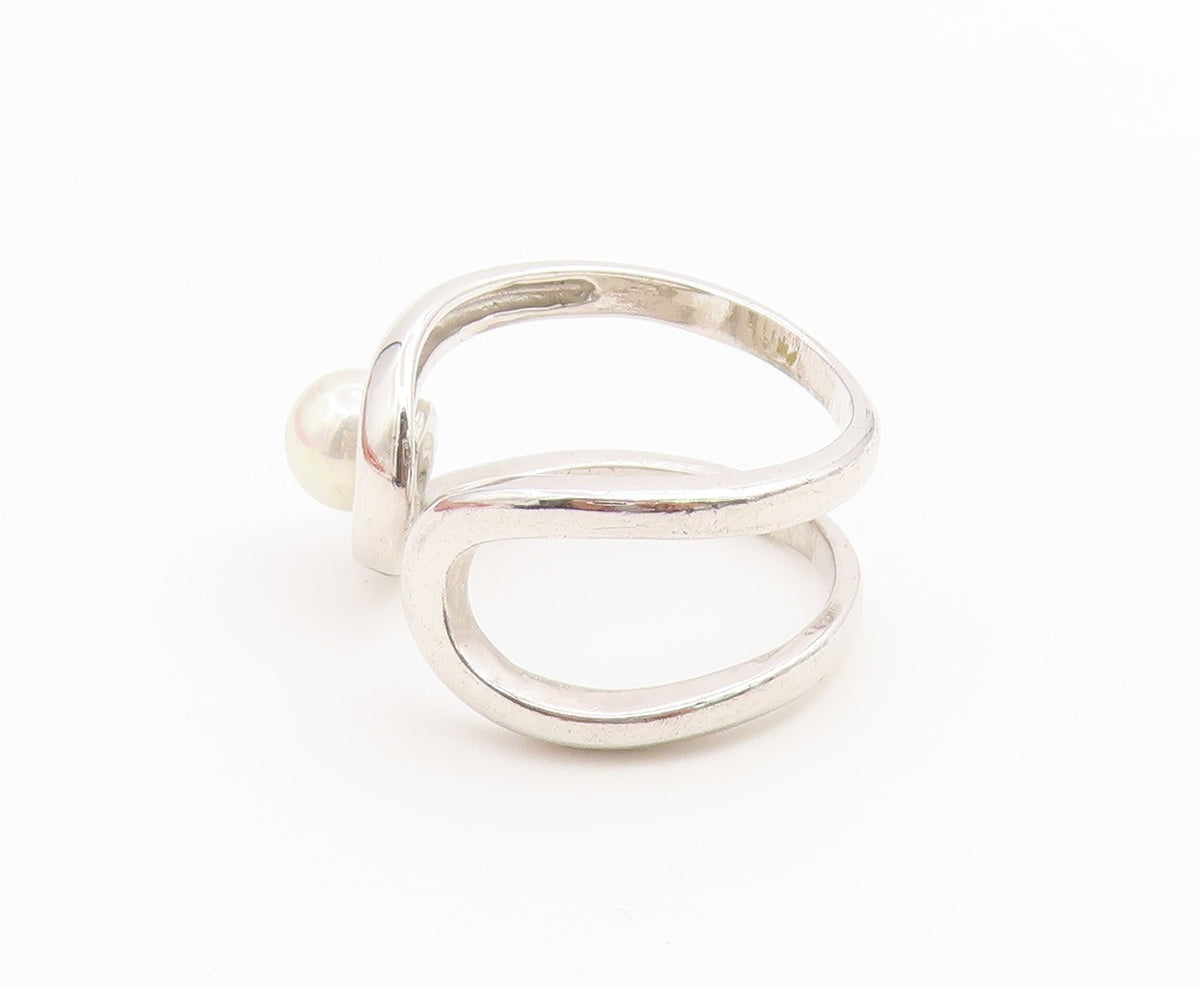 925 Sterling Silver Vintage Ring Abstract Wave Pearl Open Band  Sz 9  RG36678