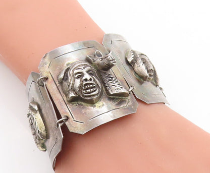 925 Sterling Silver  Vintage Antique Sculpted Faced Chain Bracelet  BT2079