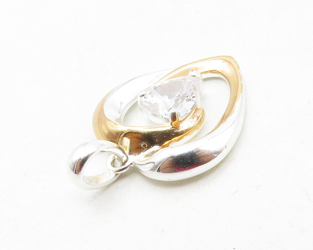 925 Sterling Silver  Shiny Cubic Zirconia Two Tone Love Heart Pendant  PT9976