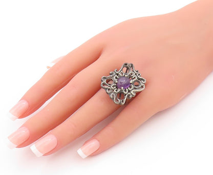 925 Sterling Silver Vintage Ring Antique Design Cabochon Amethyst  Sz 9 RG32994