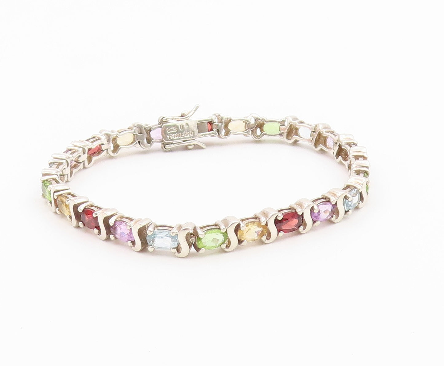 925 Sterling Silver Vintage Bracelet Classic Oval Cut Gemstone Link  BT12184