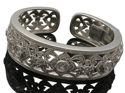 925 Sterling Silver  Shiny Cubic Zirconia Open Floral Cuff Bracelet  BT5743