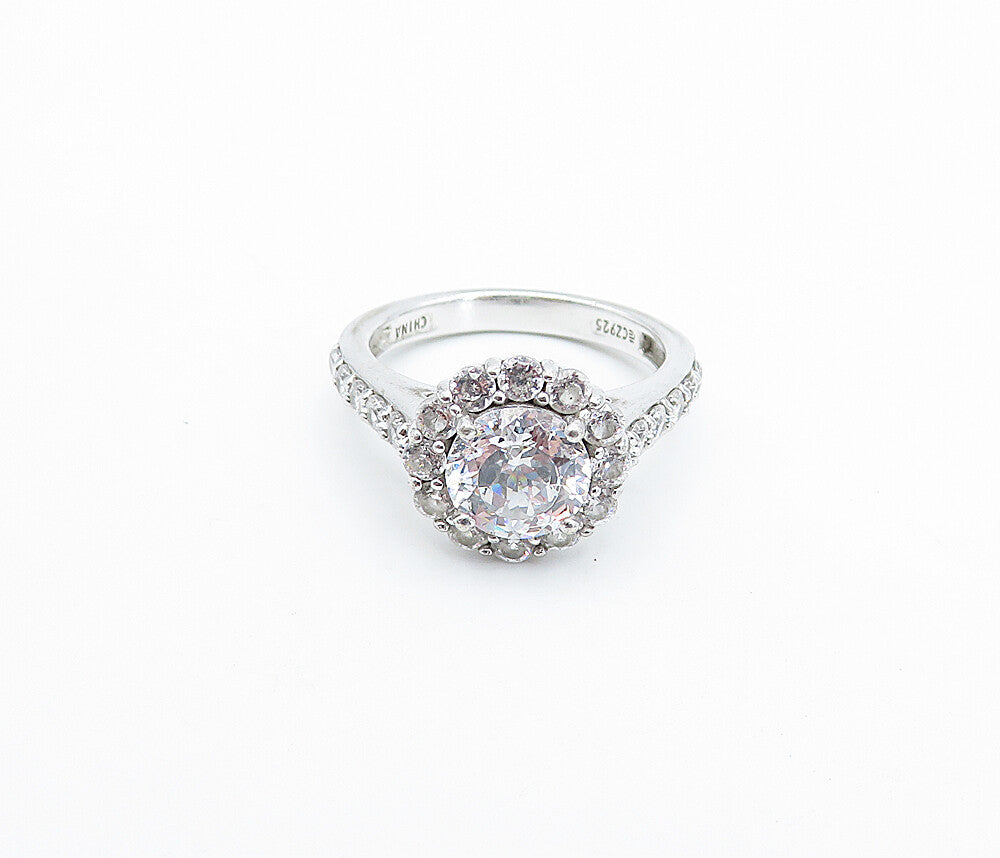 925 Sterling Silver  Cubic Zirconia Solitaire With Accents Ring Sz 6  RG3596