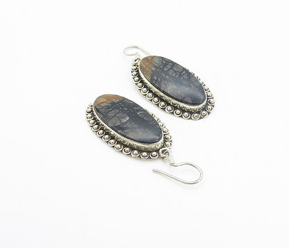 925 Sterling Silver  Vintage Jasper Circle Border Oval Dangle Earrings  EG3212