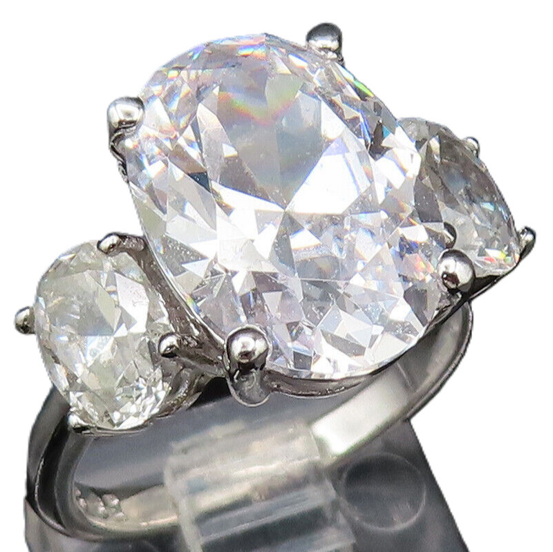 ESPO 925 Silver  Vintage Three Stone Oval Cubic Zirconia Ring Sz 6.5  RG25419
