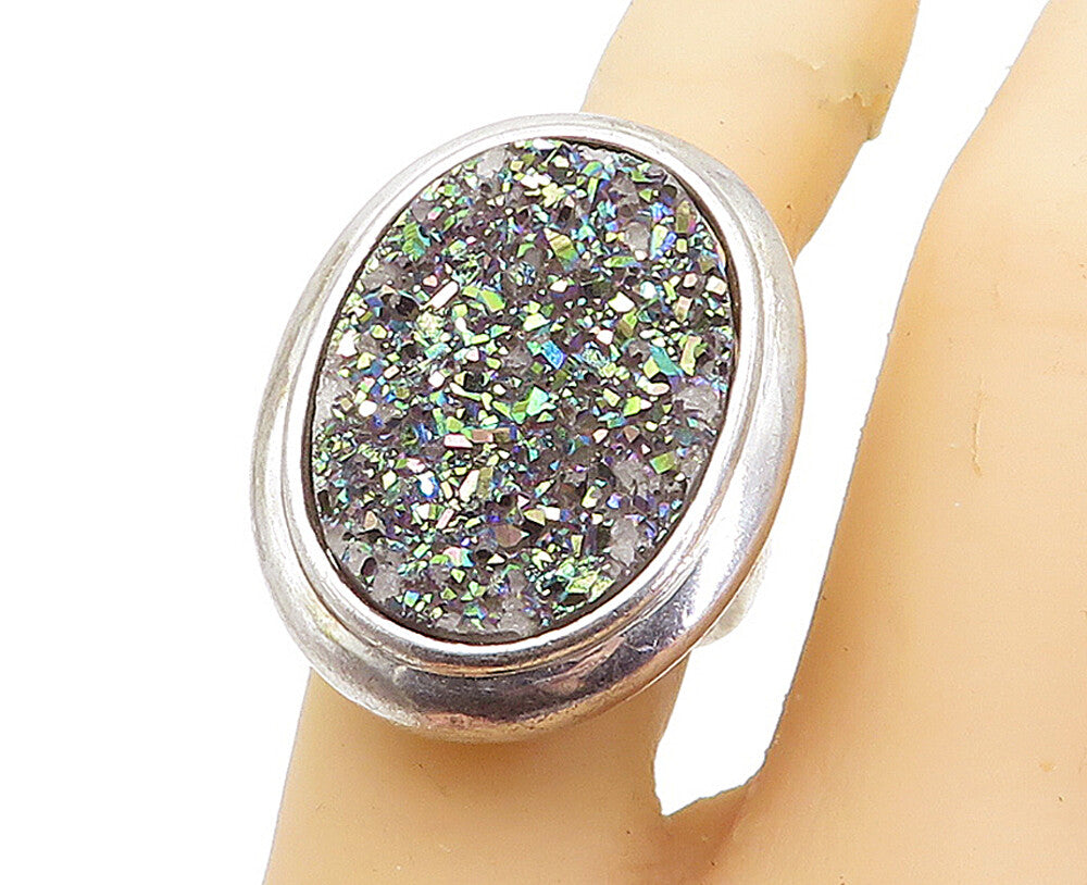 925 Sterling Silver  Vintage Rainbow Druzy Stone Cocktail Ring Sz 7  RG4268