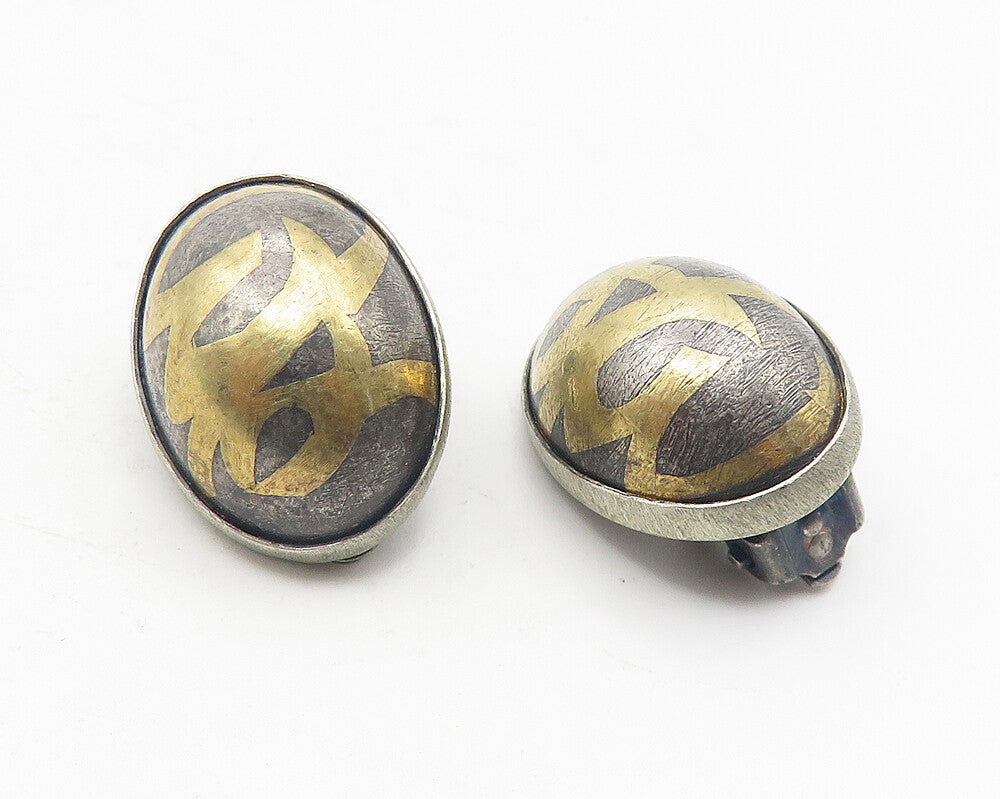 925 Silver & 24K GOLD  Vintage Two Tone Oval Dome Non Pierce Earrings  EG5962