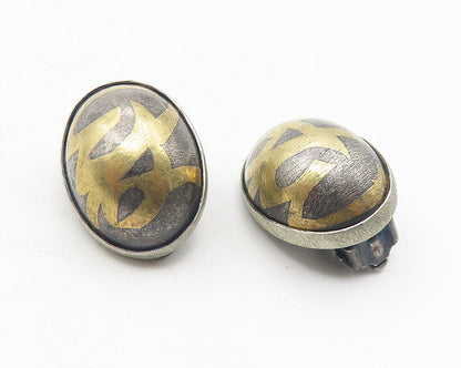 925 Silver & 24K GOLD  Vintage Two Tone Oval Dome Non Pierce Earrings  EG5962