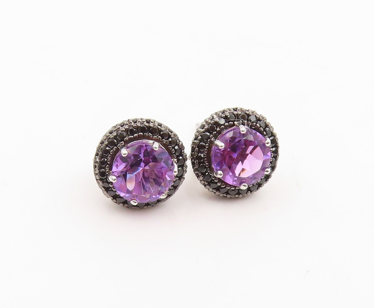 925 Sterling Silver Vintage Earrings Round Amethyst & Halo Spinel Studs  EG14146