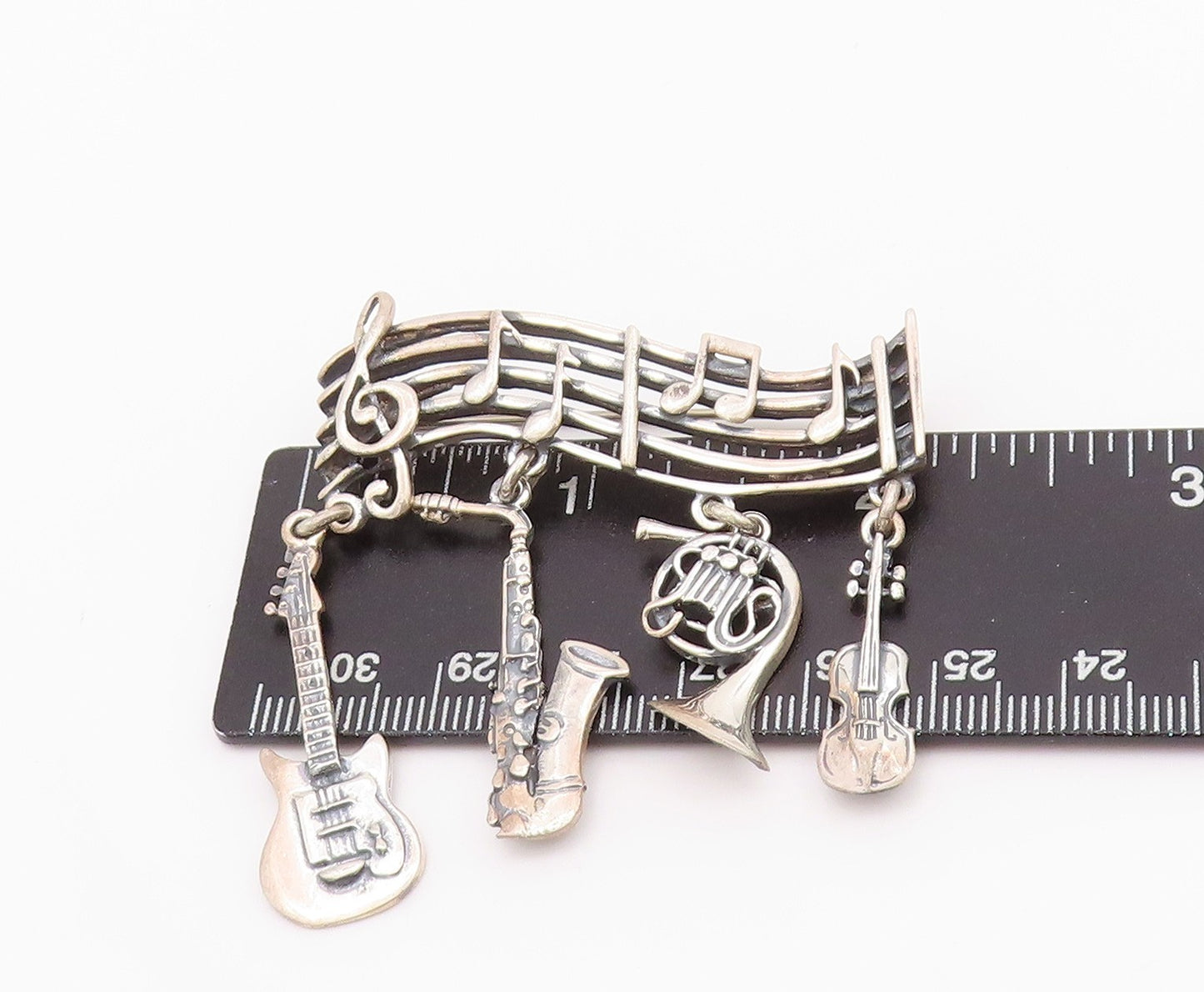 925 Sterling Silver Vintage Brooch Musical Notes & Dangling Instruments  BP11697