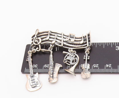 925 Sterling Silver Vintage Brooch Musical Notes & Dangling Instruments  BP11697