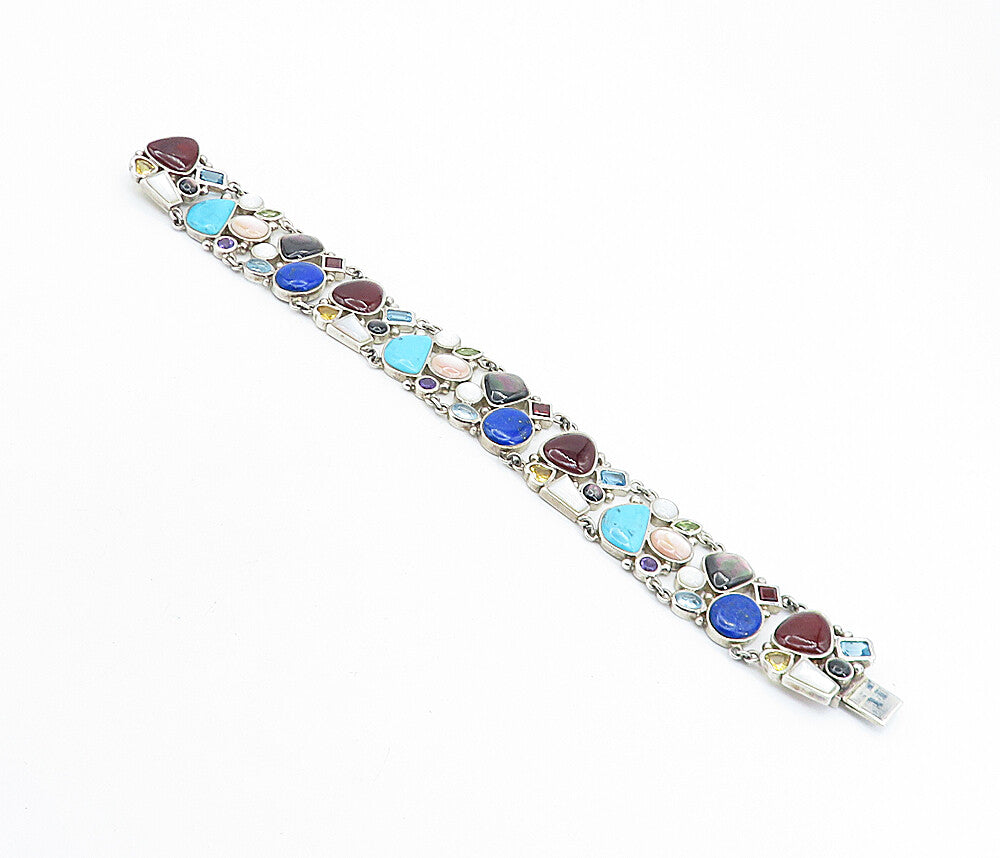 925 Sterling Silver Vintage Mother Of Pearl & Multi Stone Chain Bracelet BT3092