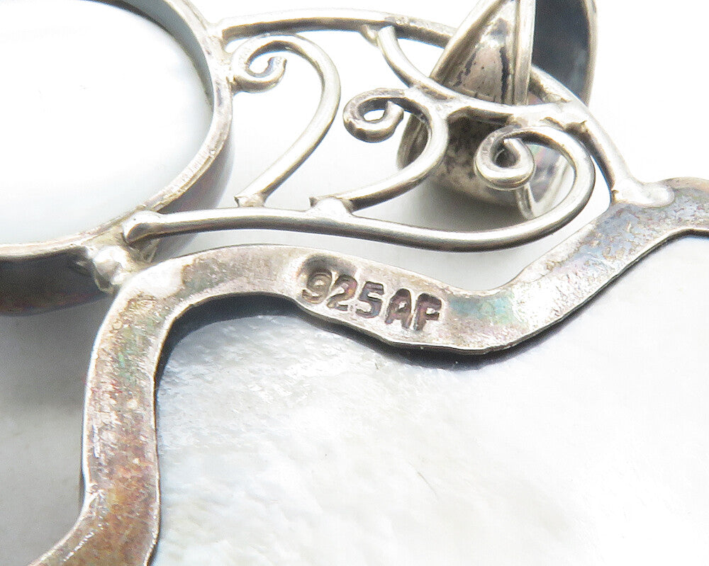 925 Sterling Silver  Vintage Mother Of Pearl & Pearls Floral Pendant  PT9476