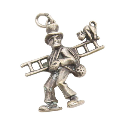 925 Sterling Silver Vintage Pendant German Lucky Chimney Sweep with Cat  PT24890