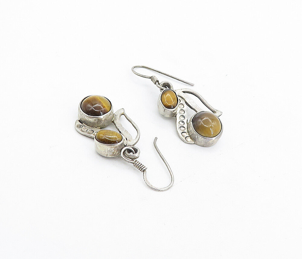 925 Sterling Silver  Vintage Cabochon Cut Tiger's Eye Dangle Earrings  EG3780