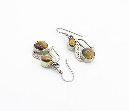 925 Sterling Silver  Vintage Cabochon Cut Tiger's Eye Dangle Earrings  EG3780