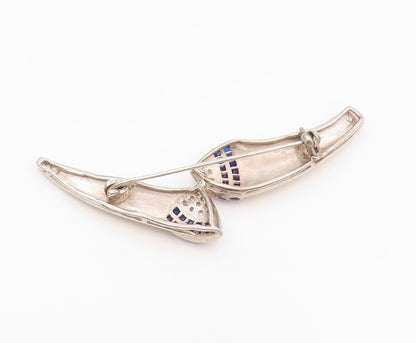 925 Sterling Silver Vintage Brooch Pin Real Diamonds & Sapphire Curves  BP12192