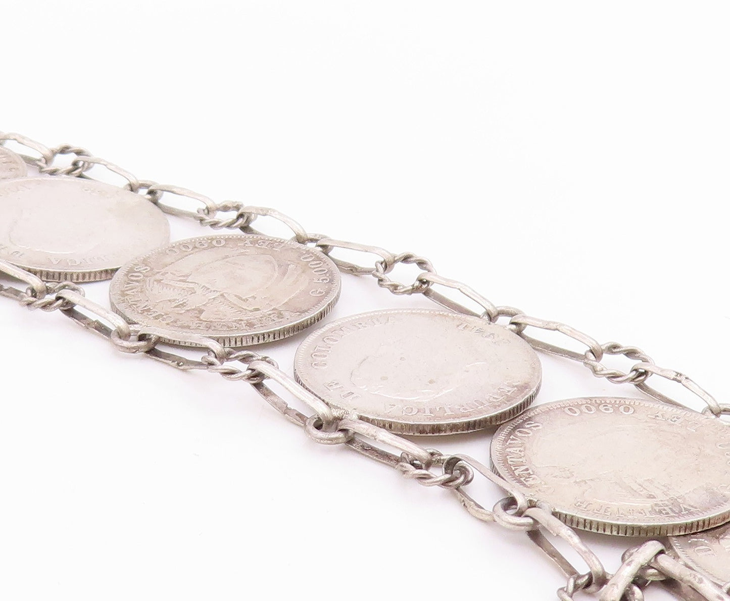 Solid Silver Vintage Necklace Columbia Centavos Long Coin Panel Link  NE4727