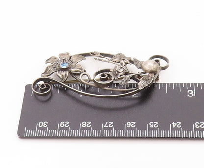 925 Sterling Silver Vintage Brooch Blue CZ Swirls & Flowers Cutout  BP11628