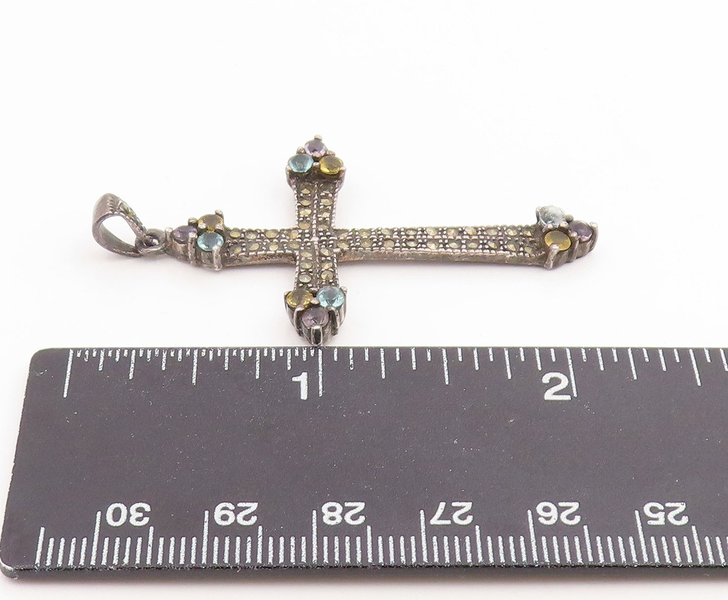 925 Sterling Silver Vintage Pendant Classic Multi Gemstone Holy Cross  PT26199