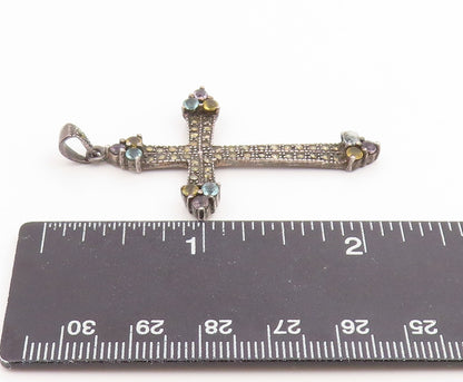925 Sterling Silver Vintage Pendant Classic Multi Gemstone Holy Cross  PT26199