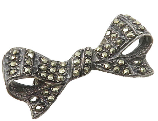 925 Sterling Silver  Vintage Sparkling Marcasite Ribbon Bow Brooch Pin  BP6443