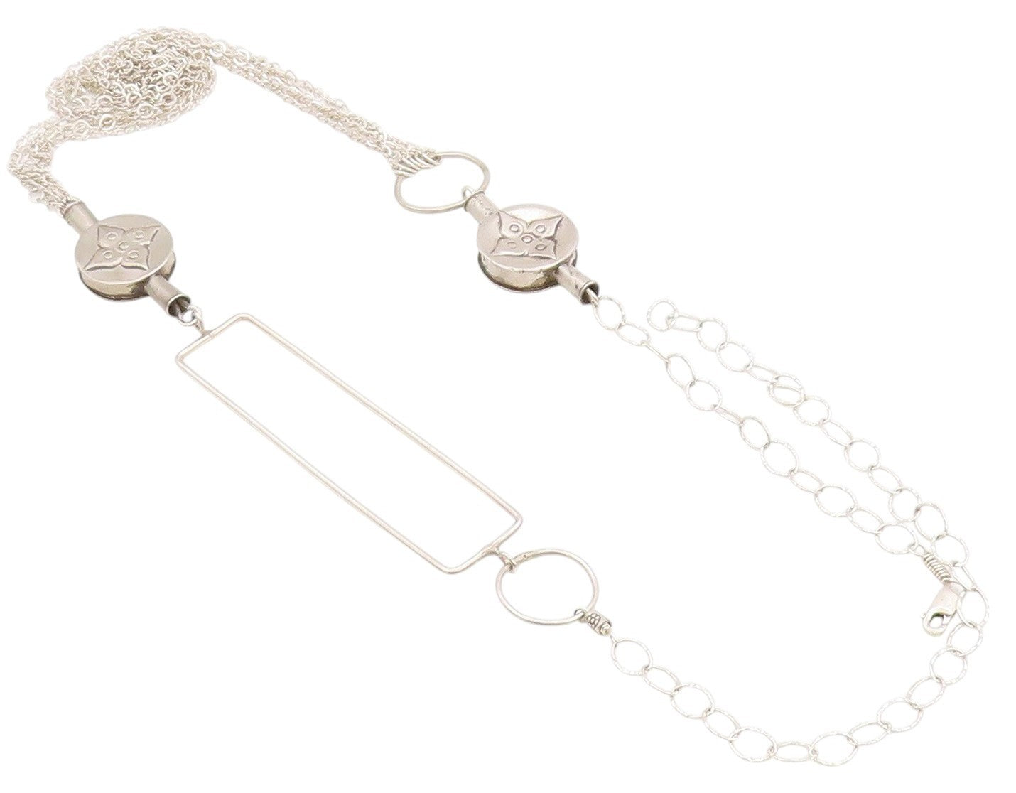 925 Sterling Silver Vintage Necklace Modernist  Floral & Rectangle Cutout NE4580