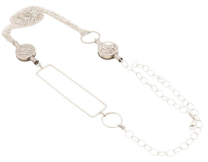 925 Sterling Silver Vintage Necklace Modernist  Floral & Rectangle Cutout NE4580