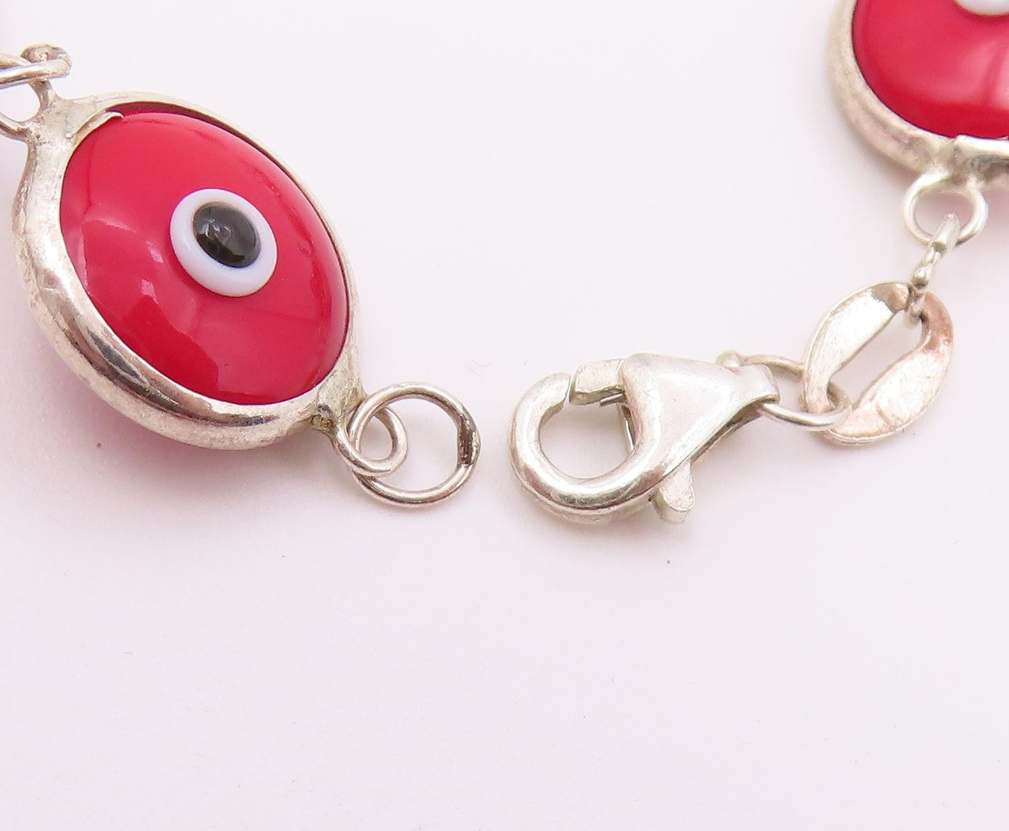 925 Sterling Silver  Vintage Red Evil Eye Protection Chain Bracelet  BT9403