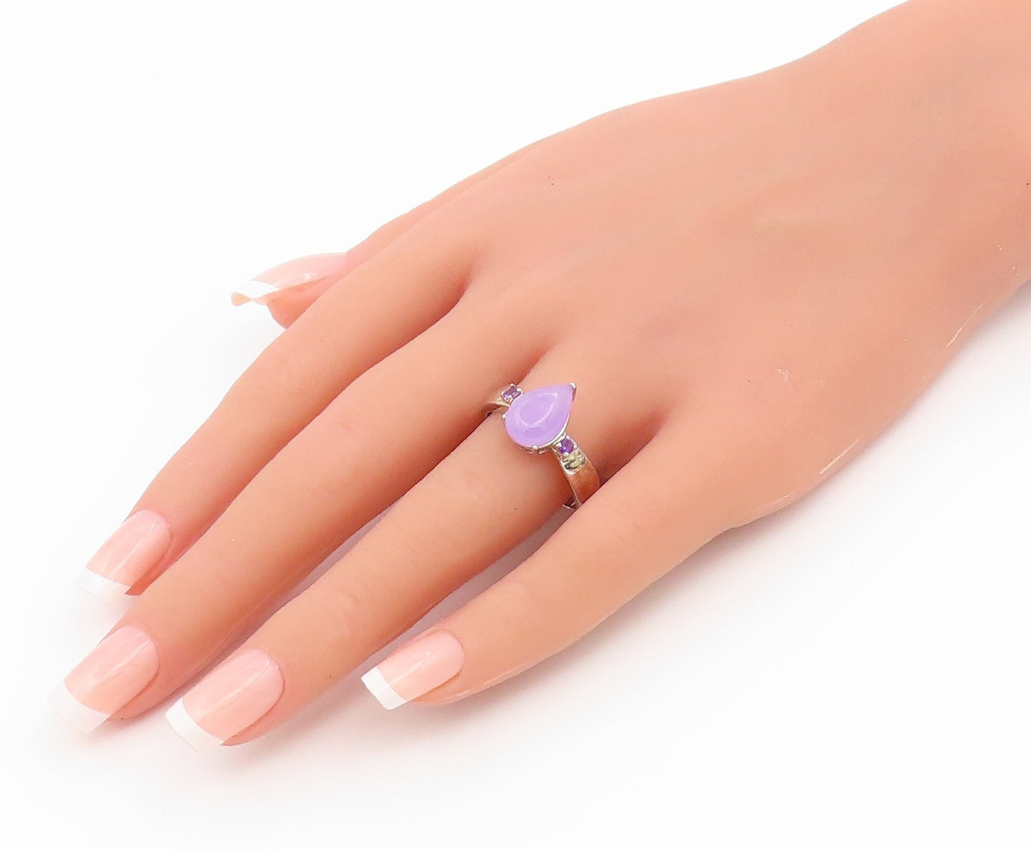 925 Sterling Silver Vintage Ring Pear Cut Jade & Amethyst Band  Sz 10  RG36891