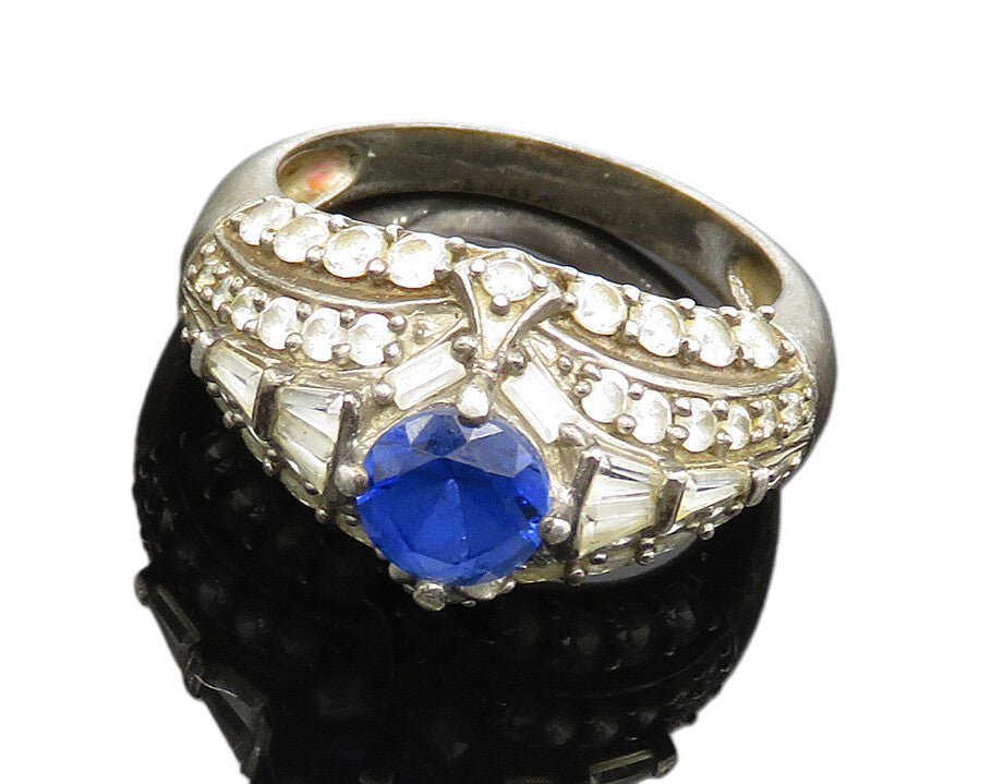 925 Silver  Vintage Blue Topaz & Cubic Zirconia Dome Band Ring Sz 8  RG19912