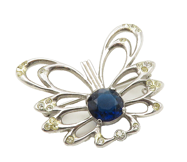 925 Sterling Silver Vintage Blue & White Topaz Shiny Butterfly Brooch Pin BP6447