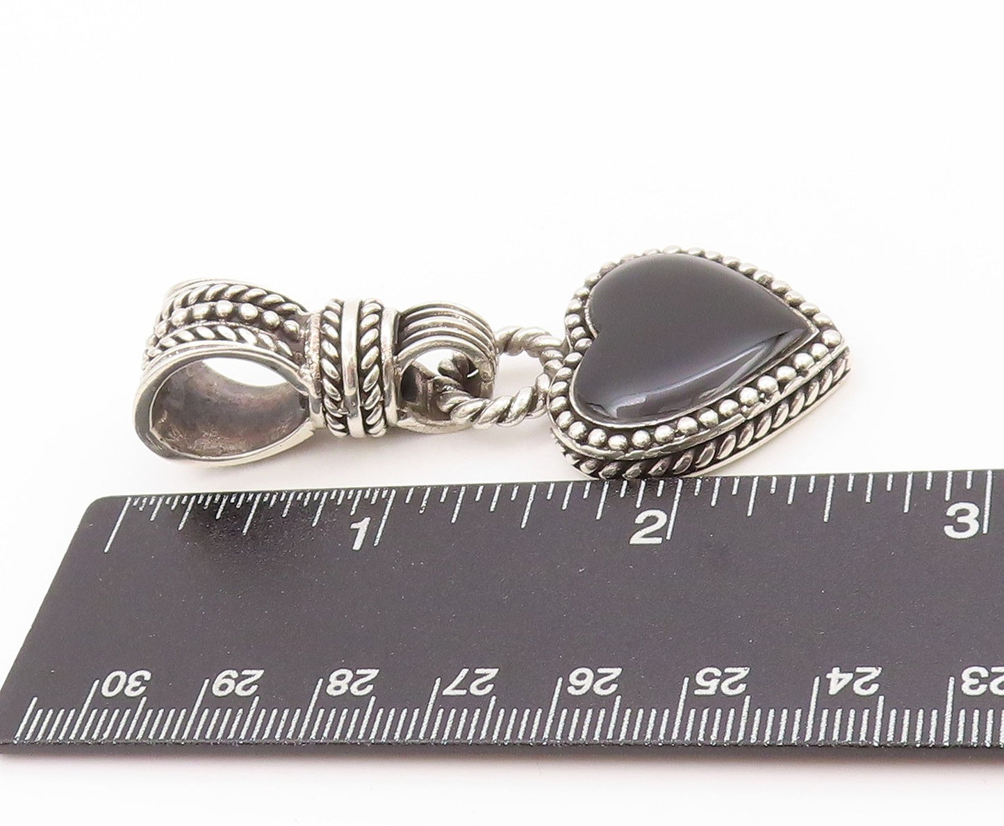 925 Sterling Silver Vintage Pendant Modernist Dangling Onyx Heart  PT24064