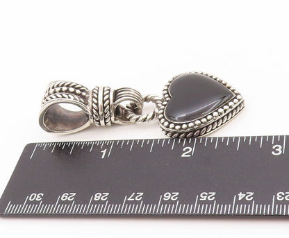 925 Sterling Silver Vintage Pendant Modernist Dangling Onyx Heart  PT24064