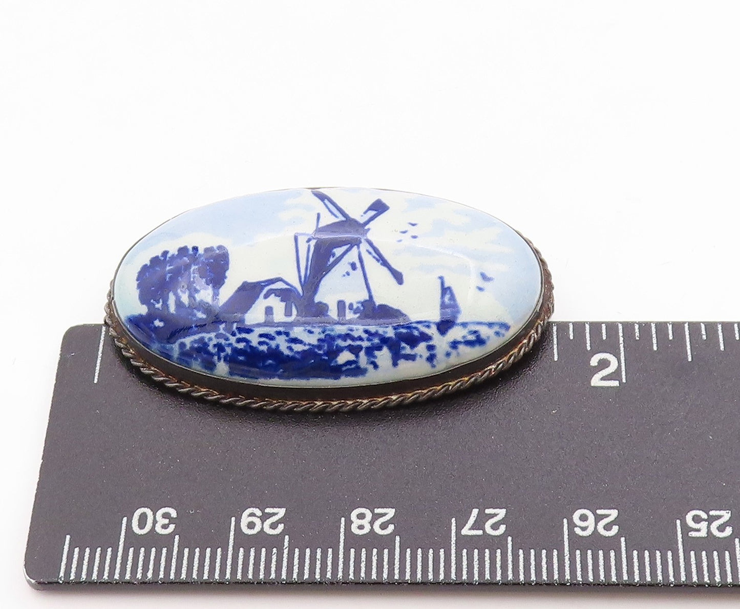 925 Sterling Silver Vintage Brooch Delft Windmill Ceramic Scenery  BP11782