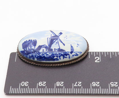 925 Sterling Silver Vintage Brooch Delft Windmill Ceramic Scenery  BP11782