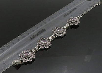 925 Sterling Silver  Vintage Amethyst Flower Motif Chain Bracelet  BT9080