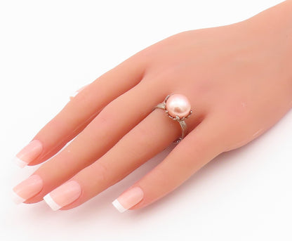 925 Sterling Silver Vintage Ring Modernist Pink Pearl Grooved Band Sz 10 RG33038