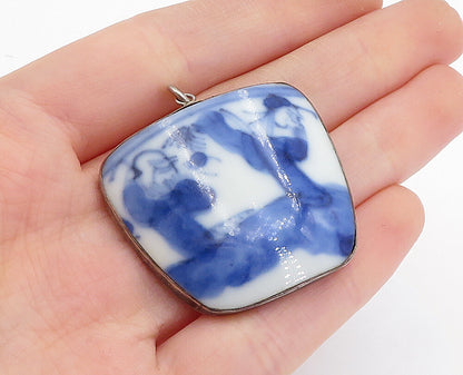 CHINESE 925 Sterling Silver  Vintage Ceramic Dancing Scene Pendant  PT2741