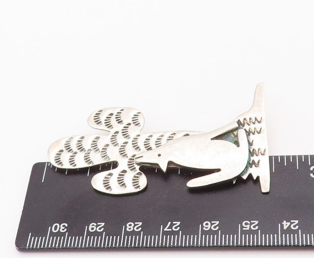 925 Sterling Silver Vintage Brooch Pin Southwestern Wolf & Cactus BP10945