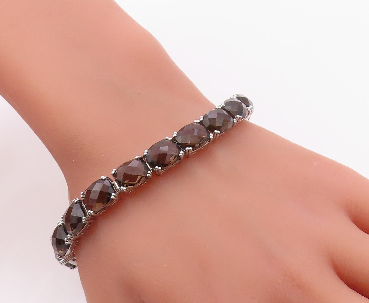 925 Sterling Silver Vintage Bracelet Faceted Smoky Quartz Tennis Link  BT12120