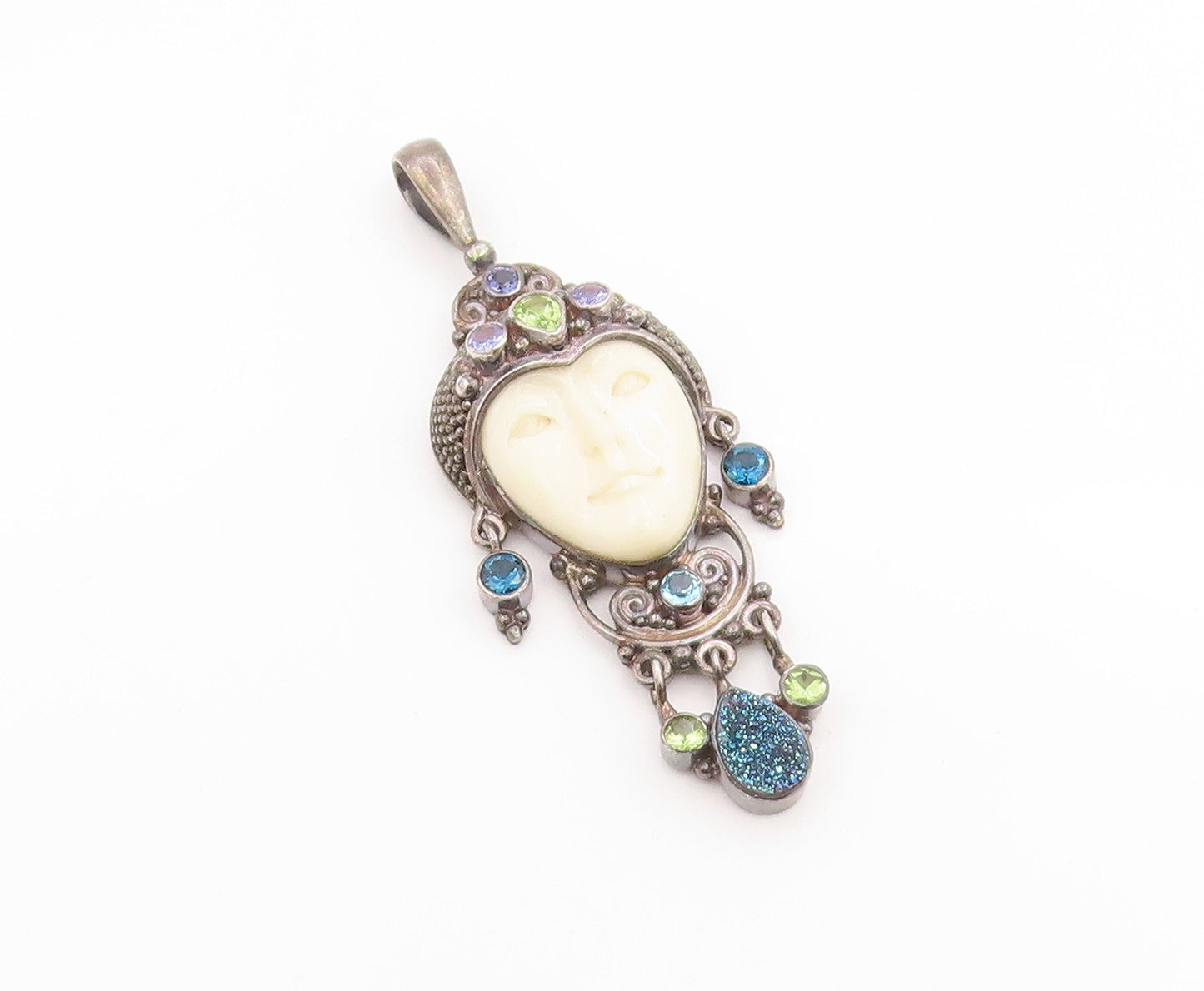 925 Sterling Silver Vintage Pendant SAJEN Multi Gemstone Bali Goddess  PT26098