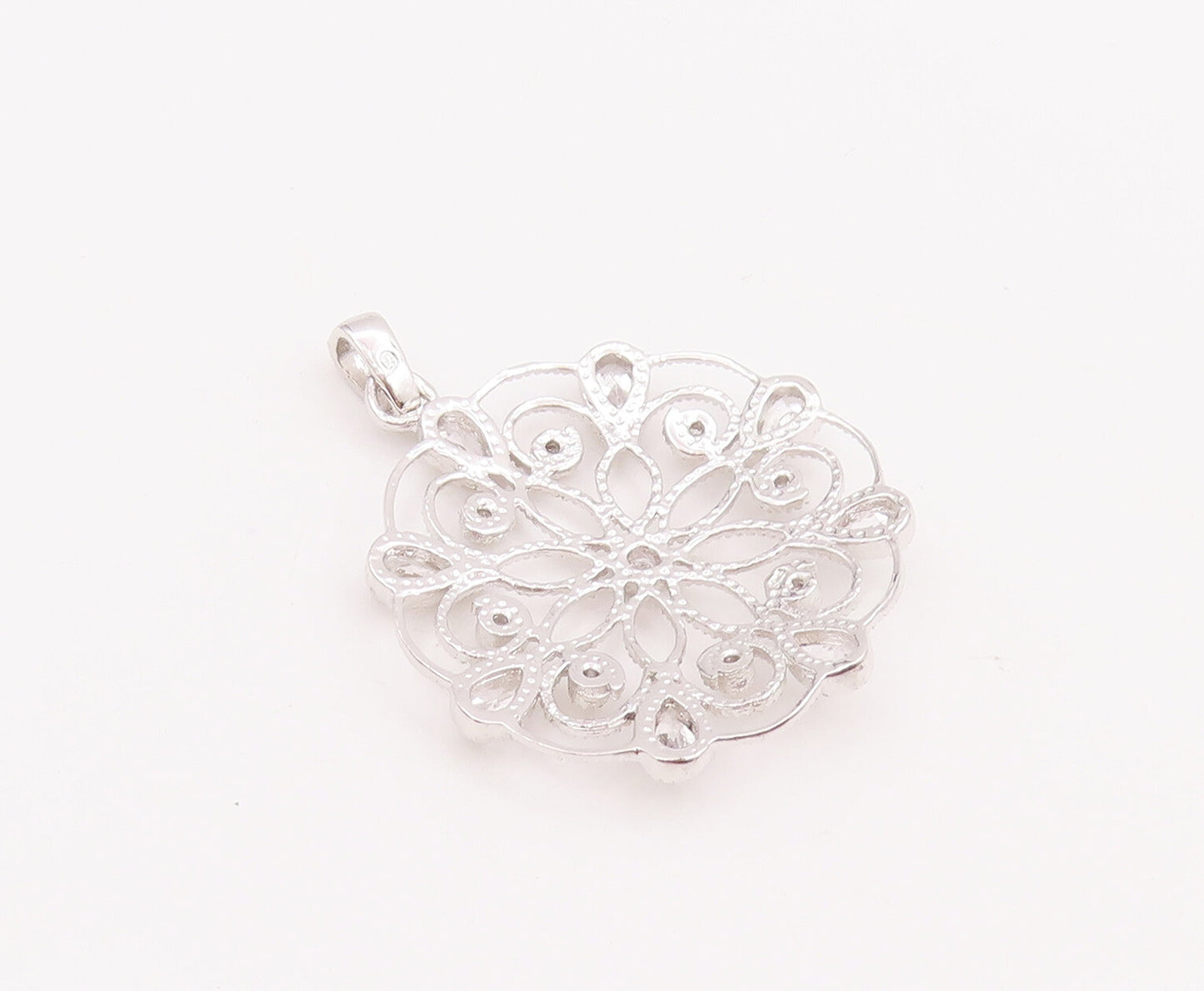925 Sterling Silver Vintage Pendant Swirly Cutout Drop Cut CZ Flower  PT22843