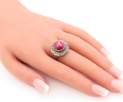 925 Sterling Silver Vintage Ring Pink Gemstone Swirly Carved  Sz 7  RG29704