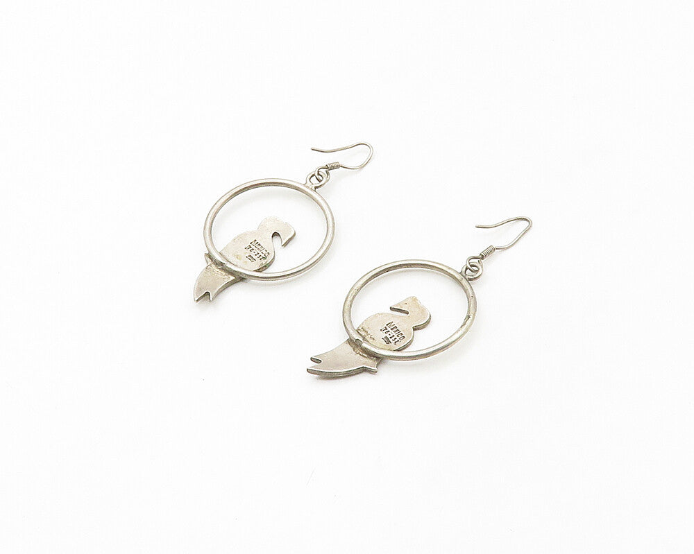 MEXICO 925 Silver  Vintage Crushed Turquoise Bird Motif Drop Earrings  EG8896