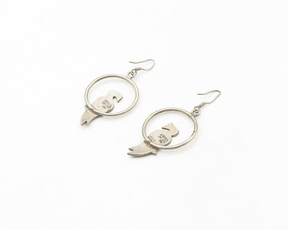 MEXICO 925 Silver  Vintage Crushed Turquoise Bird Motif Drop Earrings  EG8896